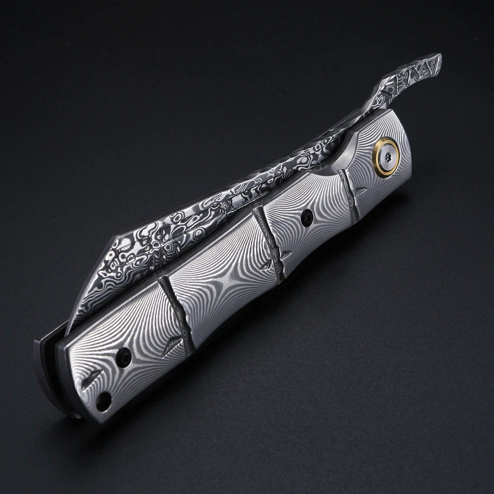 Damascus folding knife high hardness outdoor knife camping EDC tool knife including crocodile leather cover