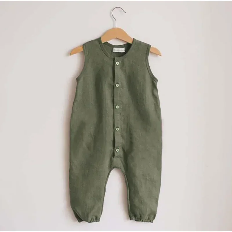 Summer Infant Baby Boys Girls Romper Cotton Linen Baby Jumpsuit Button Breasted Solid Sleeveless Kids Playsuit Clothes