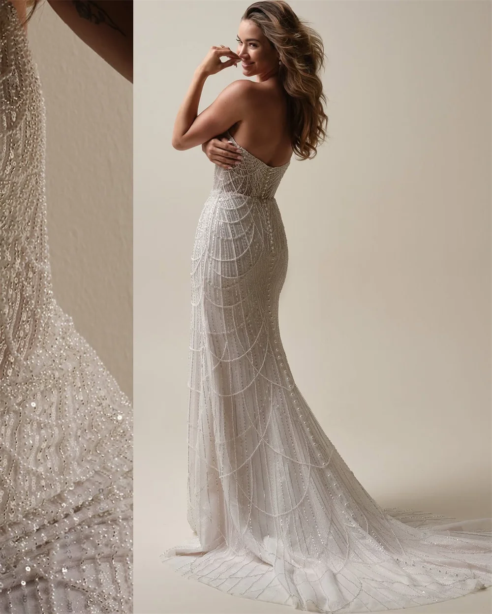 Contessa – robe de soirée personnalisée élégante, épaules dénudées, perles, avec traîne, robe de bal de luxe avec embellissements floraux pour femmes