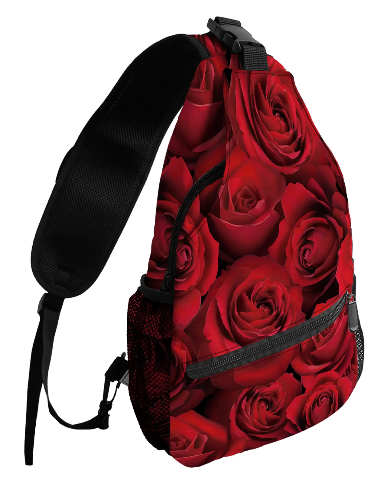 Valentine'S Day Red Rose Flower Chest Bag for Men Women Casual Crossbody Bag Outdoor Travel Climb Waterproof Sling Bag