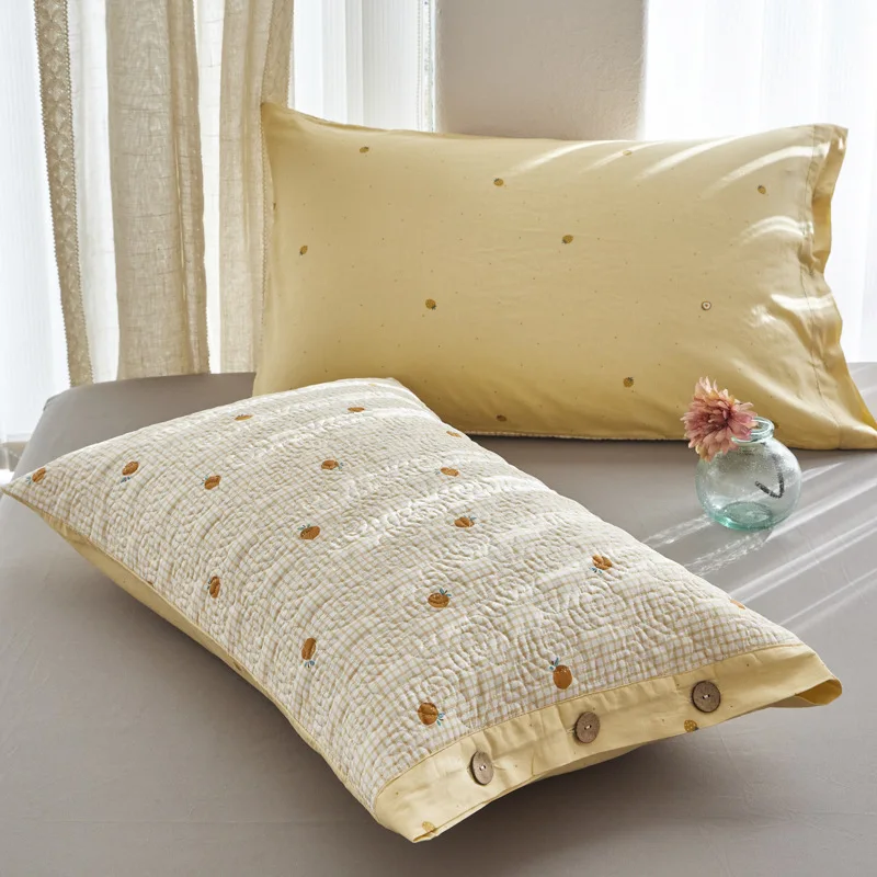 Pure Cotton Pillowcase with Button 48x74cm Single Size Quilted Student Pillow Liner for Head Oil Protection Cartoon Flower Print