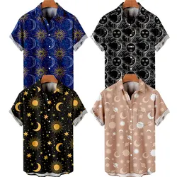 Camisa havaiana masculina estampada em 3D, camisa de manga curta para praia, estampa sol e lua, moda casual confortável, Y2K