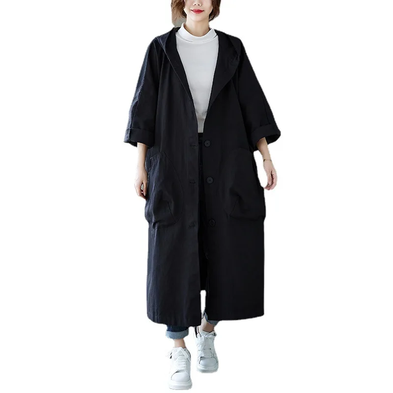 Women Mid Long Hooded Trench Coat Loose Large Size Knee-length, Literary Retro, Elegant Clothes, High Quality, Autumn, New, 2024