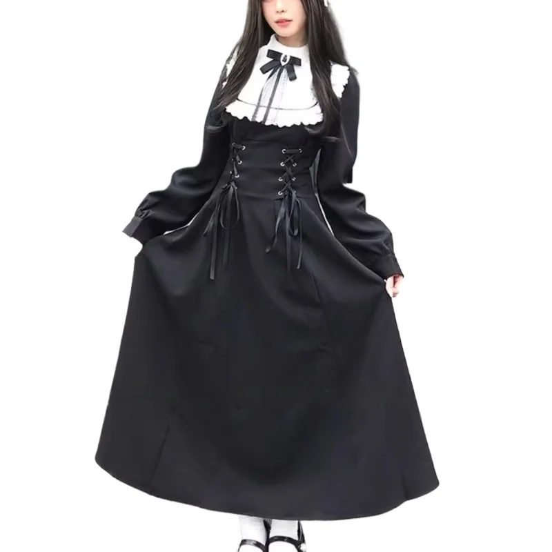 Robe mi-longue japonaise Vintage Ă©lĂ©gante pour femmes, mode gothique, Design Ă lacets, longue robe Harajuku, nĆud doux, manches longues, tenues Lolita