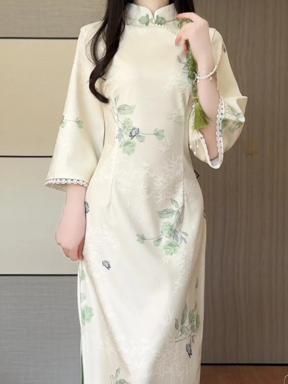 Primavera Chesongam Vintage Colletto alla coreana Stampa Qipao Donna Abiti eleganti Abiti di media lunghezza in stile cinese Costume Qipao