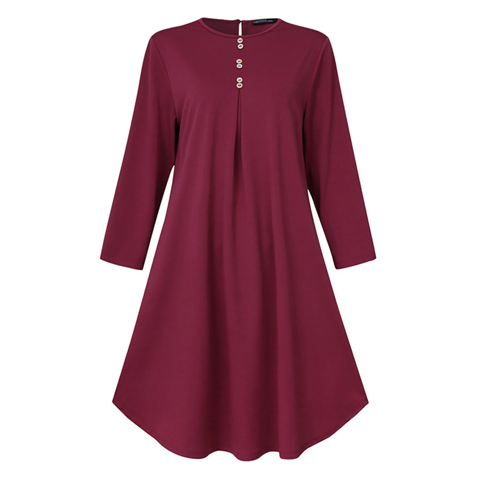 Women Muslim Solid Color Button Stitching Fashion Casual Dress Long Sleeve Prayer Clothes Knee Length Solid Women\'s Muslim Dress