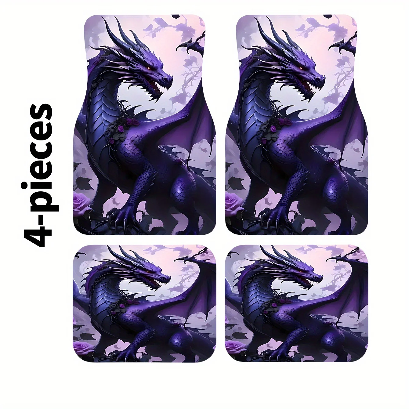 A Set Of Four Purple Dragon Patterned Car Floor Mats Featuring A Rose Design, Suitable For All Seasons, Stylish And Durable, Eas