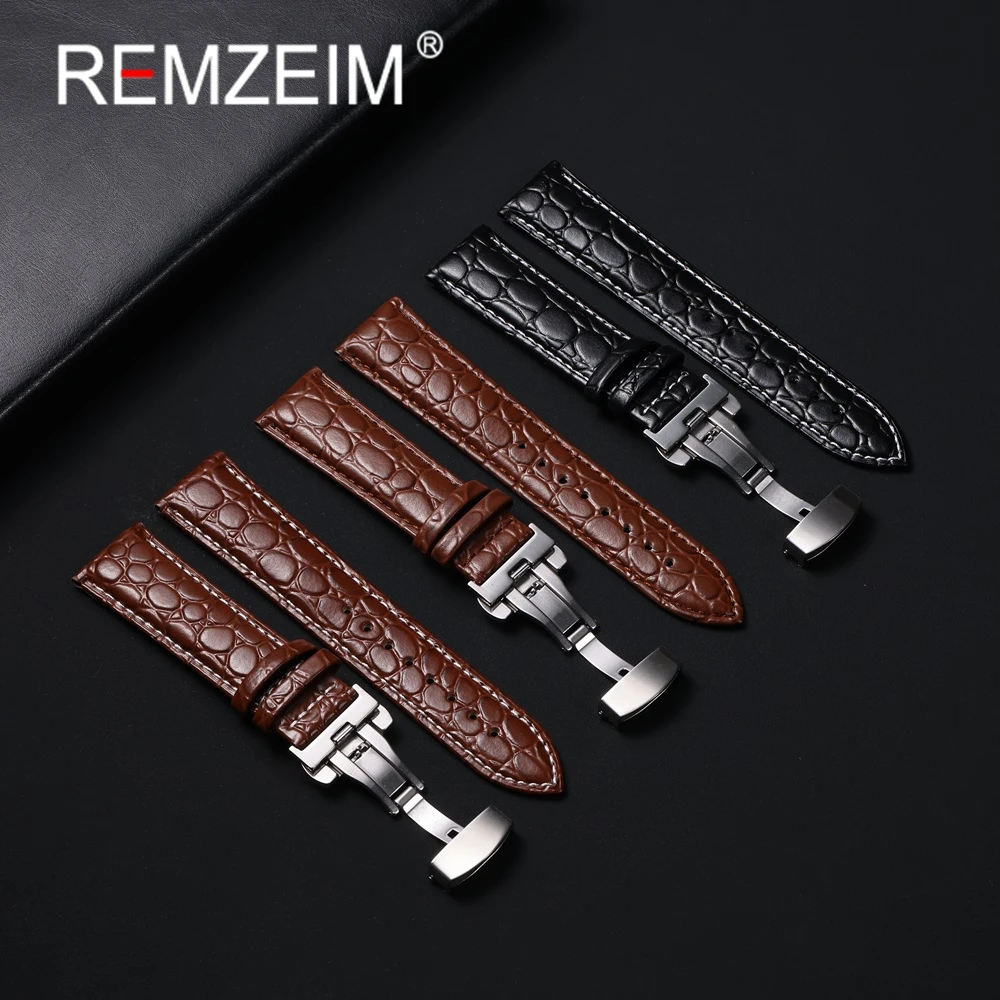 Crocodile Pattern PU Leather Strap 18mm 20mm 22mm 24mm Business Watchband With Butterfly Buckle Men Replacement Wristband