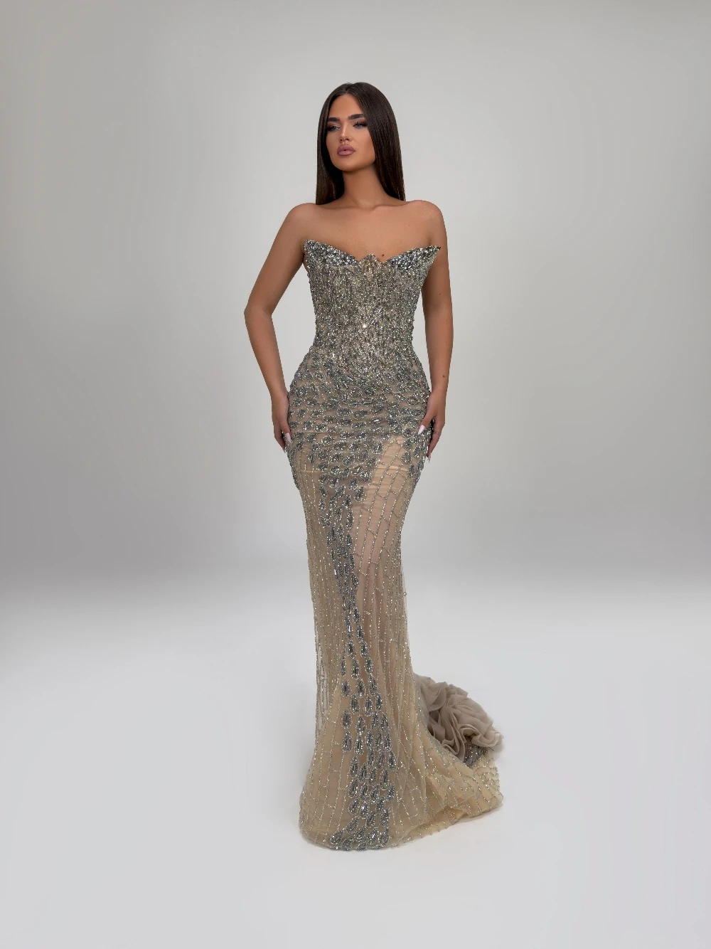 高級ビーズ付きシアーエブニングドレス レディース ストラップ - Formal Gala Wear Women のレビューと価格