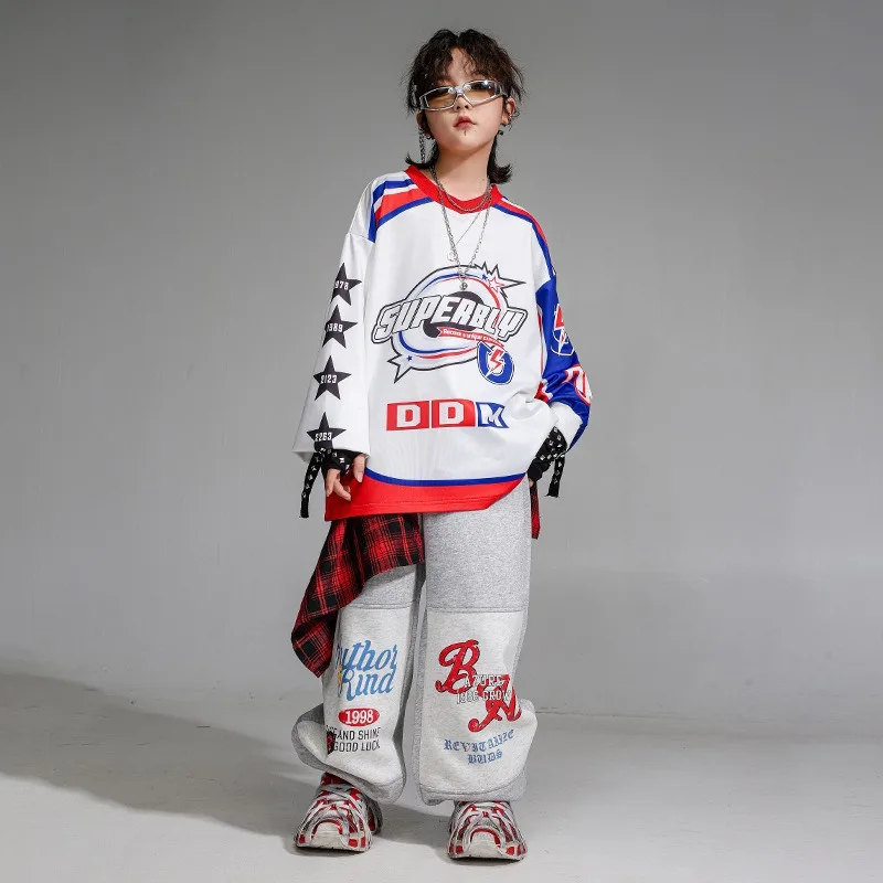 Jongens hiphop toneelkostuum witte letter top grijze broek kleding meisje van 10 tot 12 jaar Street Dance outfit meisjes Kpop dansset