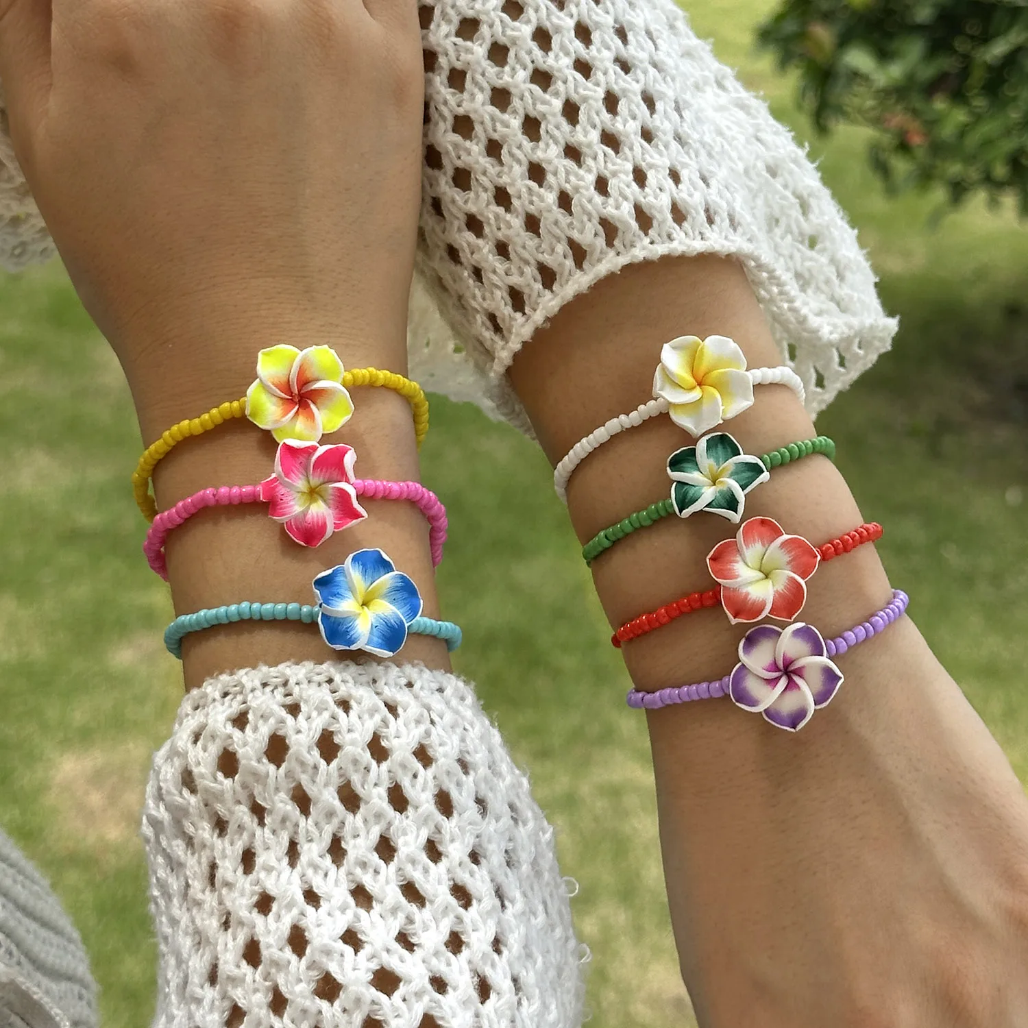 Bohemian Colorful Flower Bracelet for Women Handmade Rice Beads Polymer Clay Flower Bracelets Beach Party Daily Jewelry