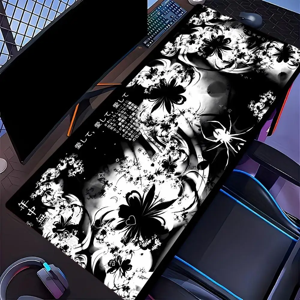 XXL Gaming Mouse Pad Monochrome Music Note Anime Floral Text Pattern Deskmat Non-Slip Rubber Keyboard Mat Art Desktop Table Mat