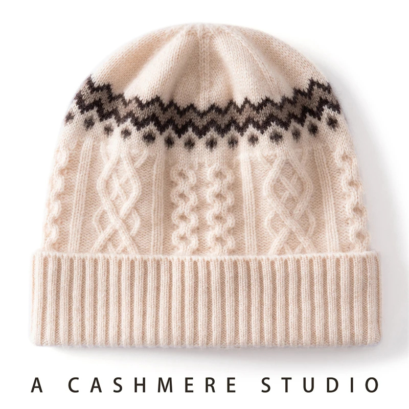 Women's Winter Hat 100% Cashmere Knitted Beanies Cap Outdoor Soft Warm Cap Jacquard Pattern Skullies Hats Thicken Caps