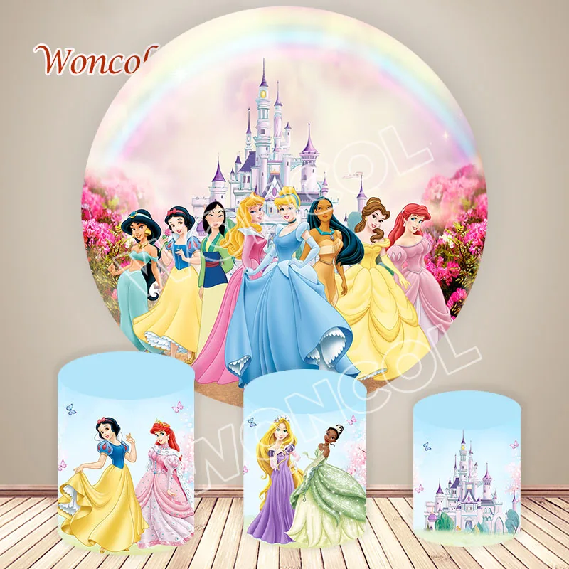 Disney Princess Round Cover Aurora Cinderella Belle Princess Birthday Backdrop Snow White Ariel Tiana Rapunzel Cylinder Cover