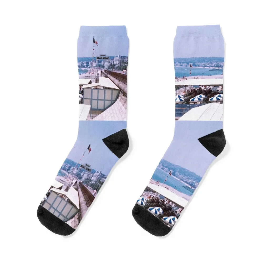 French Riviera Beach - Rare 1950s Vintage Socks anime with print Mens Socks Women's