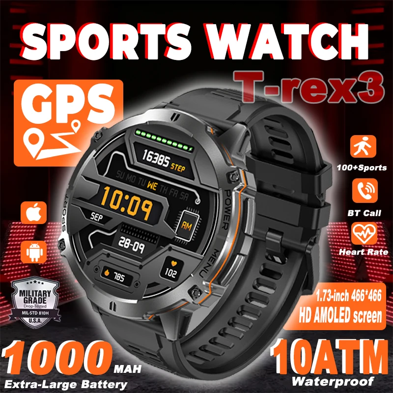 

New Outdoor T-REX3 Smartwatch: Military-Grade GPS Positioning, 1000mAh Battery, HD Bluetooth Calling, Compass, 10ATM Water Resis