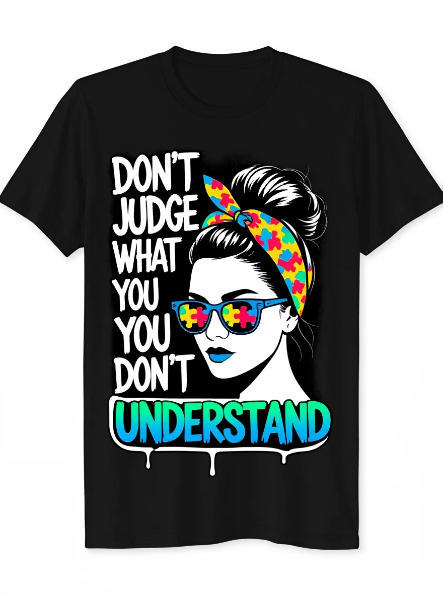 

Men's Autism Awareness T-Shirt - 100% Cotton Puzzle Print "Don't Judge" Casual Outdoor Tee