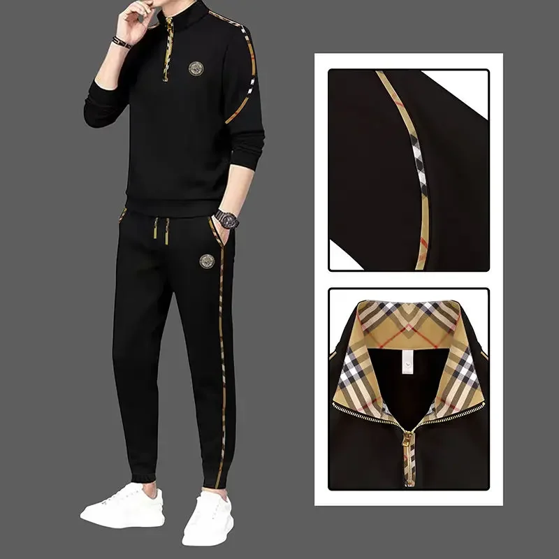 2024 new men's casual suit autumn new stand-up collar half zipper hot diamond trend pullover top pants jacket