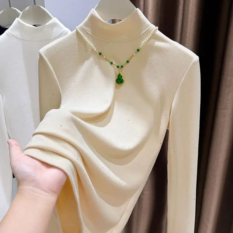 Elegant Women Mock Neck Long Sleeve Top Autumn Winter Brushed Dralon Thick Warm Inner Base Layer T Shirt