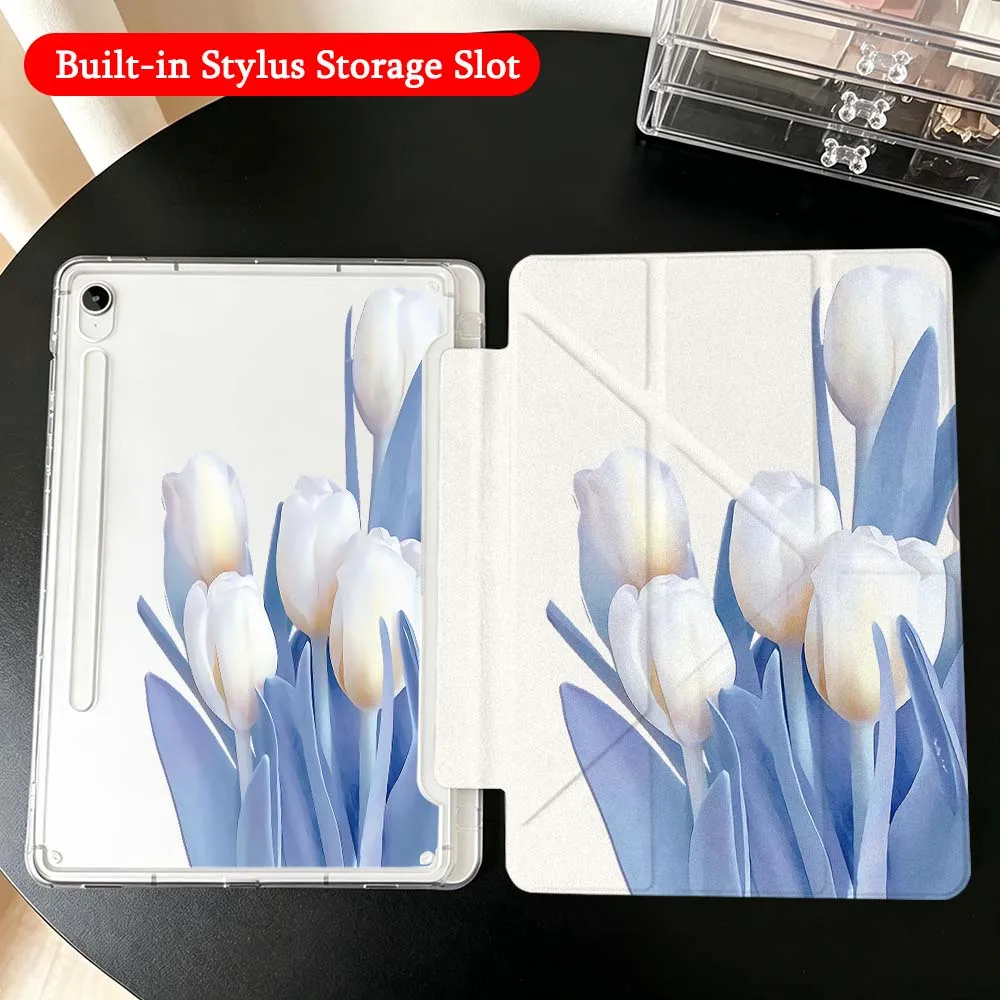 White Tulip Blue Leaf For Samsung Galaxy Tab A9 A8 A11 S6 S7 S8 S9 S10 FE Plus Lite Transparent Y-Shaped Folding Tablet Case