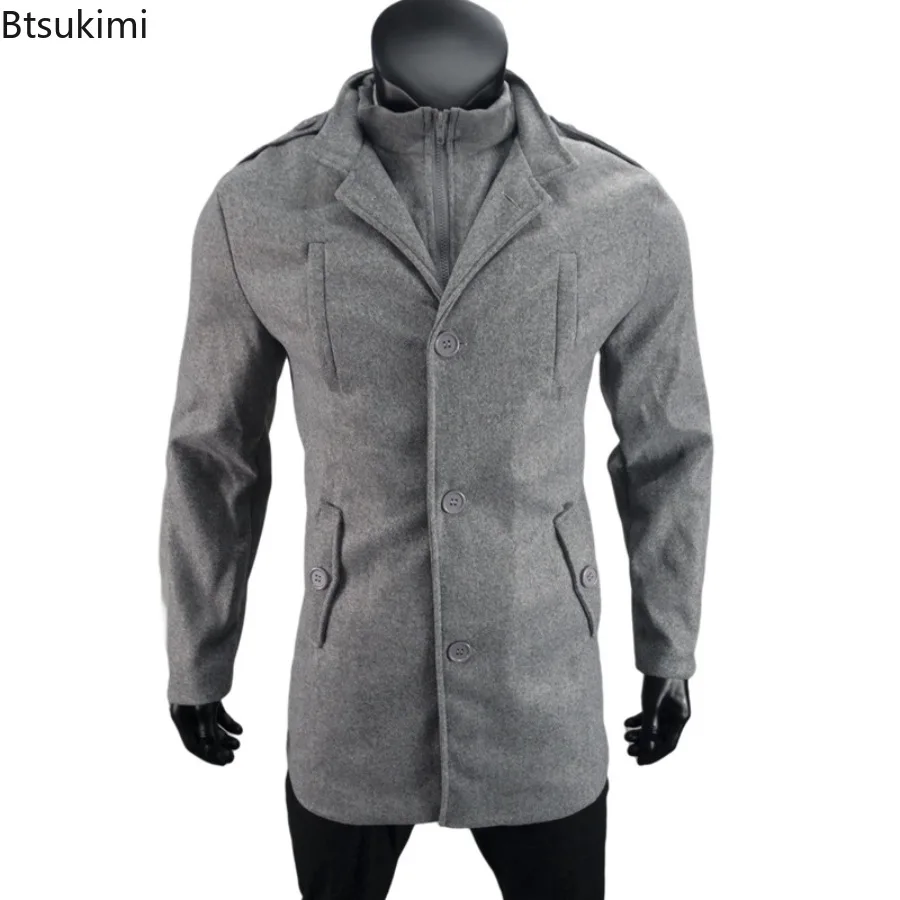 New 2025 Men's Grey Woolen Overcoat Medium and Long Zipper Jacket Fake Autumn Winter Two-piece Set Cardigan for Men M-2XL Size