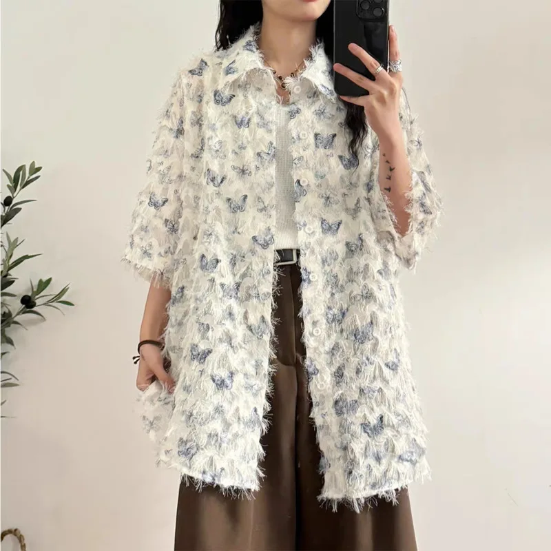 2024 Vintage Butterfly Loose Y2k Aesthetic Shirt Women Streetwear Tassels Casual Blouse Harajuku Oversized Blusas Camisas Mujer