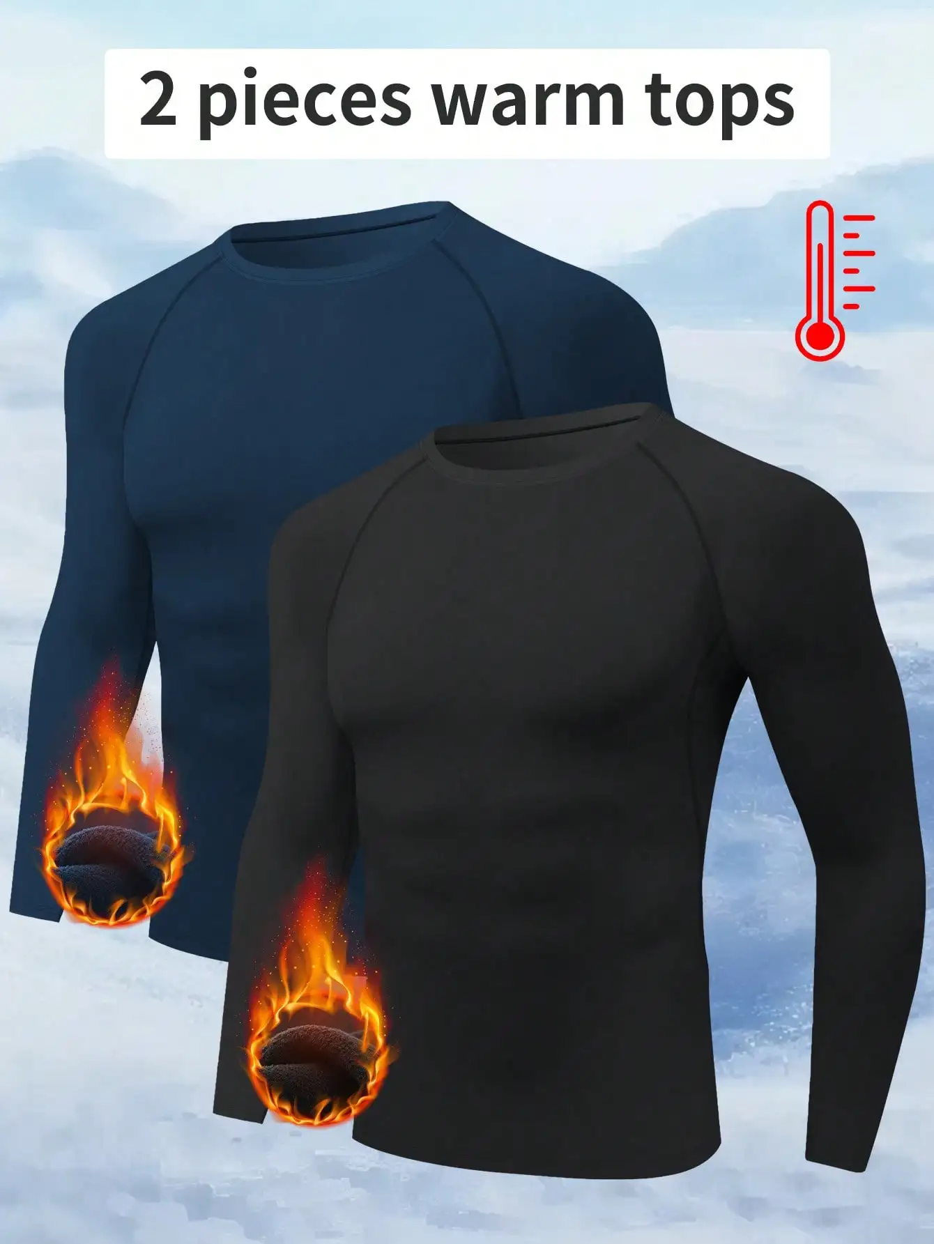

2-Pack Men's Thermal Long Sleeve Crew Neck Tops, Warm Fleece-Lined Base Layer for Cold Weather