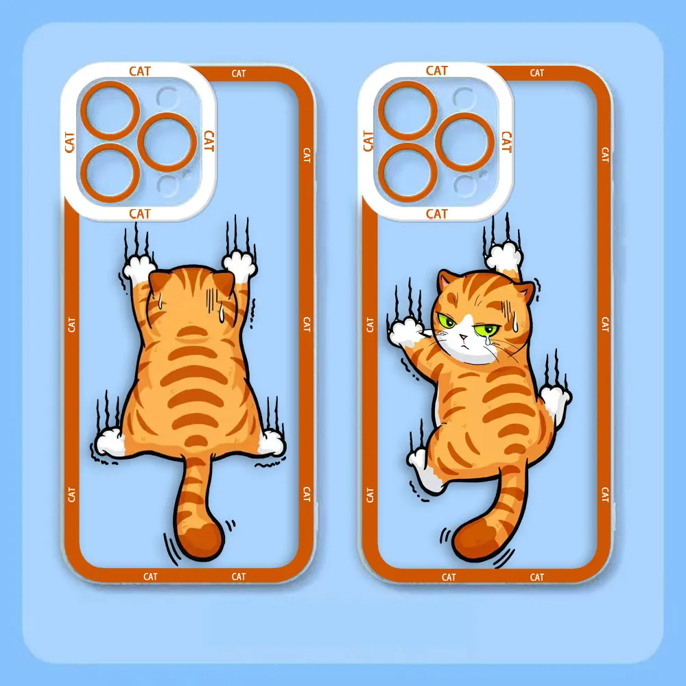 Cute Cartoon Orange Grey Cat Clear Case For Samsung Galaxy A03 A04 A05 A05S A11 S10 S20 S21 S22 S23 S24 FE PLUS ULTRA Case Funda