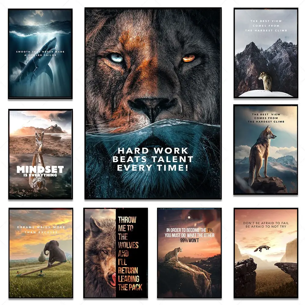Mindset Motivational Phrases Poster Print Inspiring Words Wall Art Canvas Painting Tiger Lion Wolf Shark Office Home Decoration