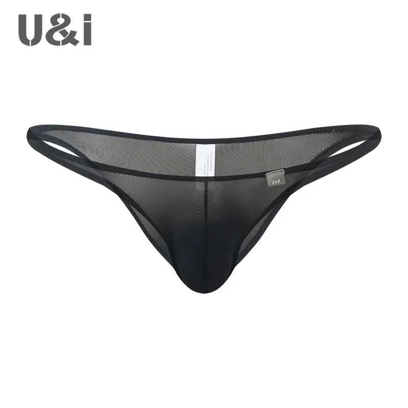 U&I sexy briefs men\'s thin elastic nylon ultra low waist scrotum support bikini half pack men\'s underwear