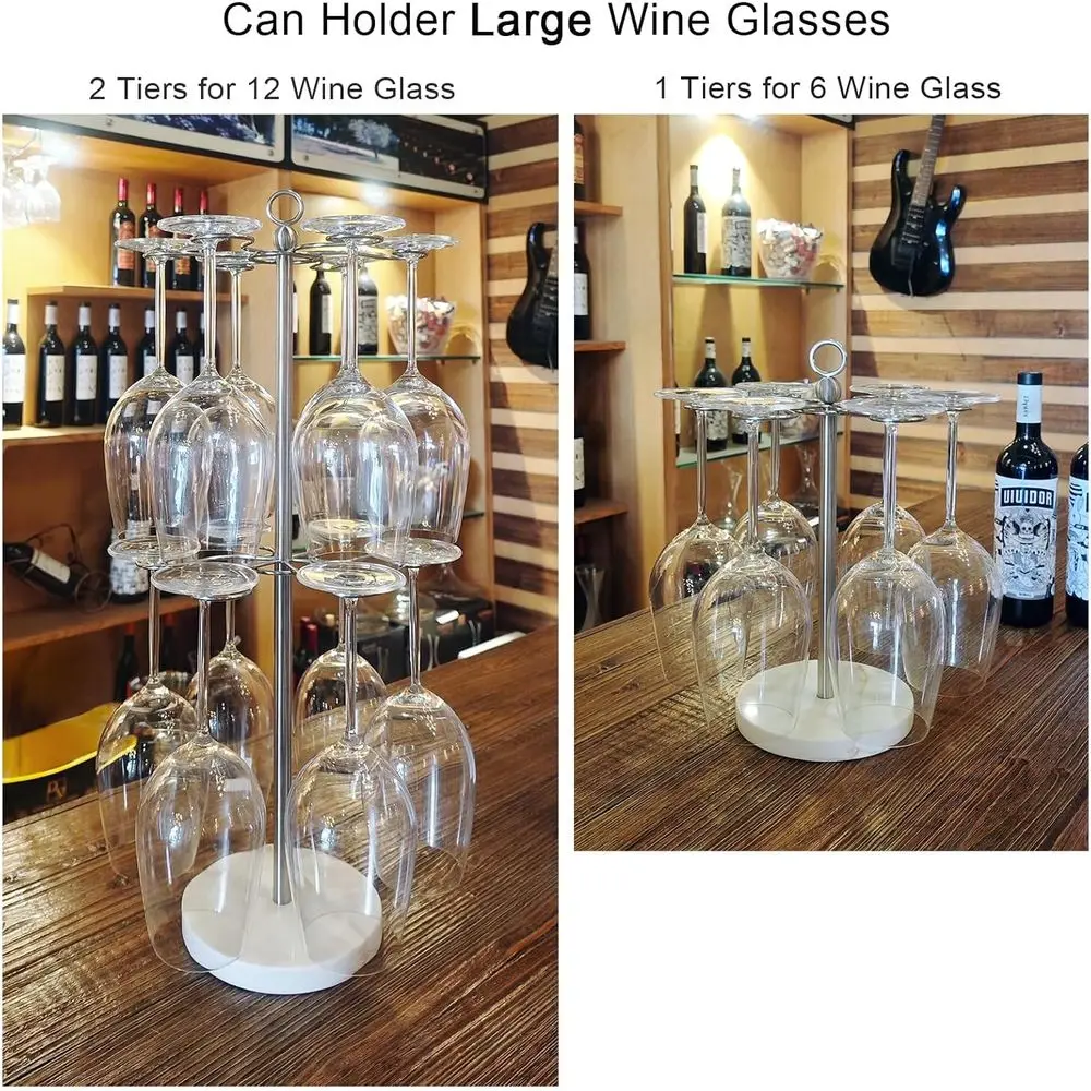 Sturdy Stainless Steel Wine Glass Holder - 12-Slot Marble Base Tabletop Rack for Stemware and Cocktail Glasses