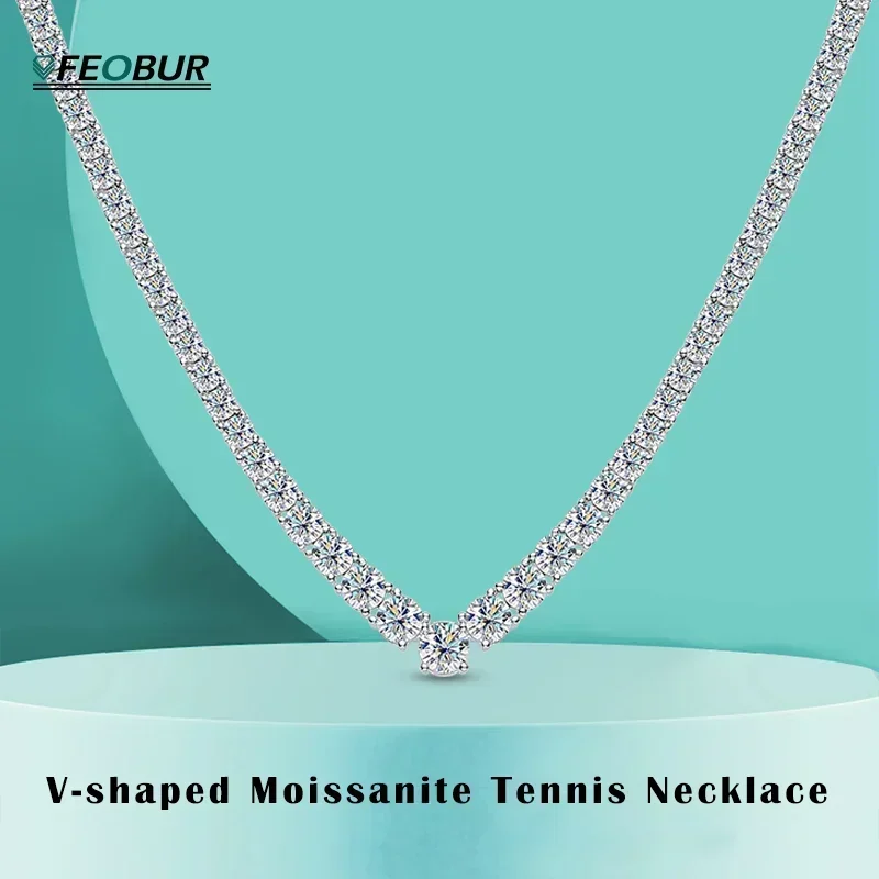 FEOBUR V-shaped Full Moissanite Tennis Necklace for Women Wedding Party Jewelry with GRA 925 Sterling Silver Neck Chain Choker