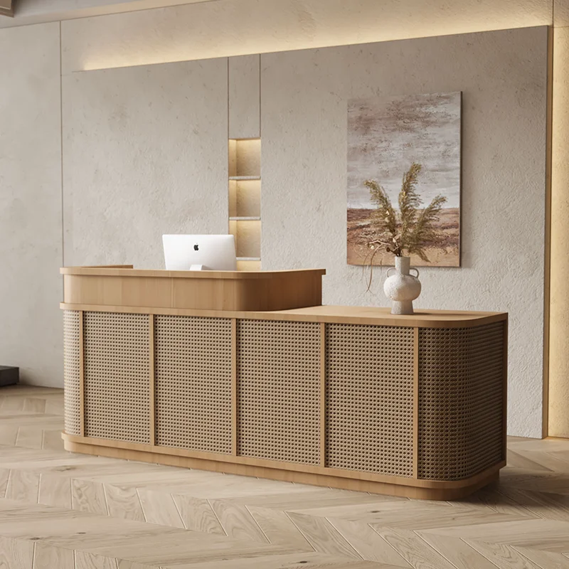 Mid Century Rattan Weaving Cash Desk Customer Center Reception Counter Computer Desk Office Table Bureaux De Travail Furniture