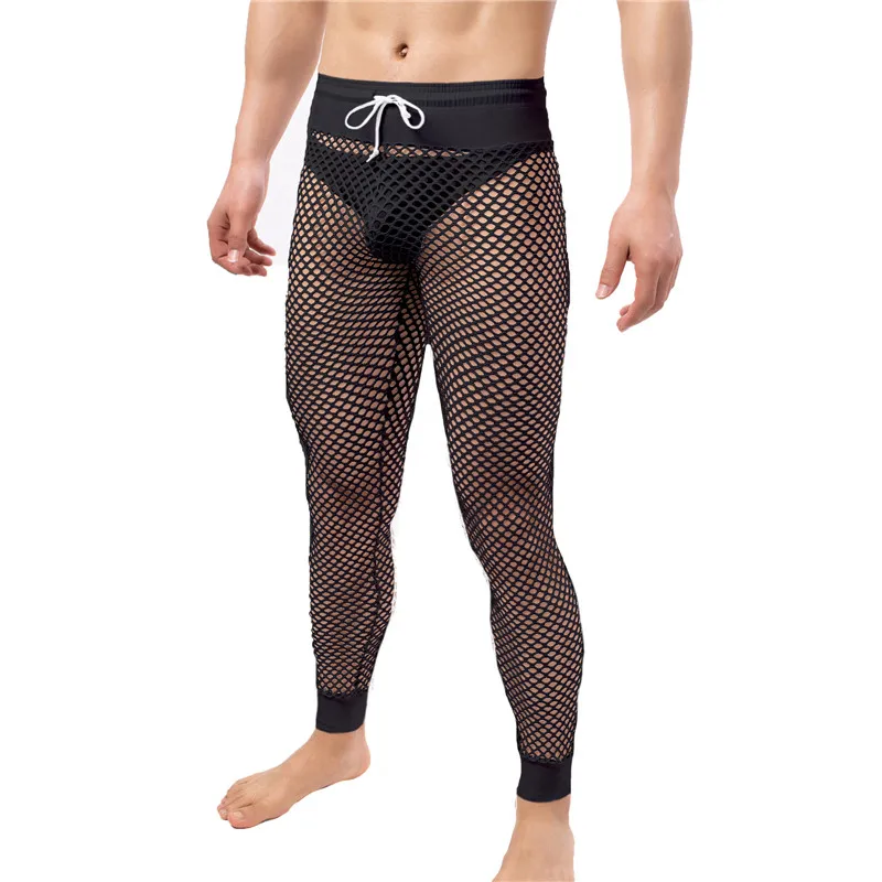 Mens Pajamas Mesh See Through Long Pants Sleepwear Hollow Out Fishnet Trousers Nightgown Sleep Bottoms Sexy Leggings Underwear