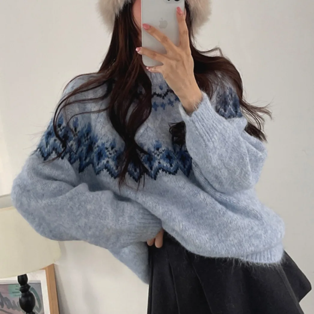 

Синий вязаный свитер Thiened для женщин, повседневный, осенне-зимний, в скандинавском стиле, с узором Fair Isle, для ношения под одеждой