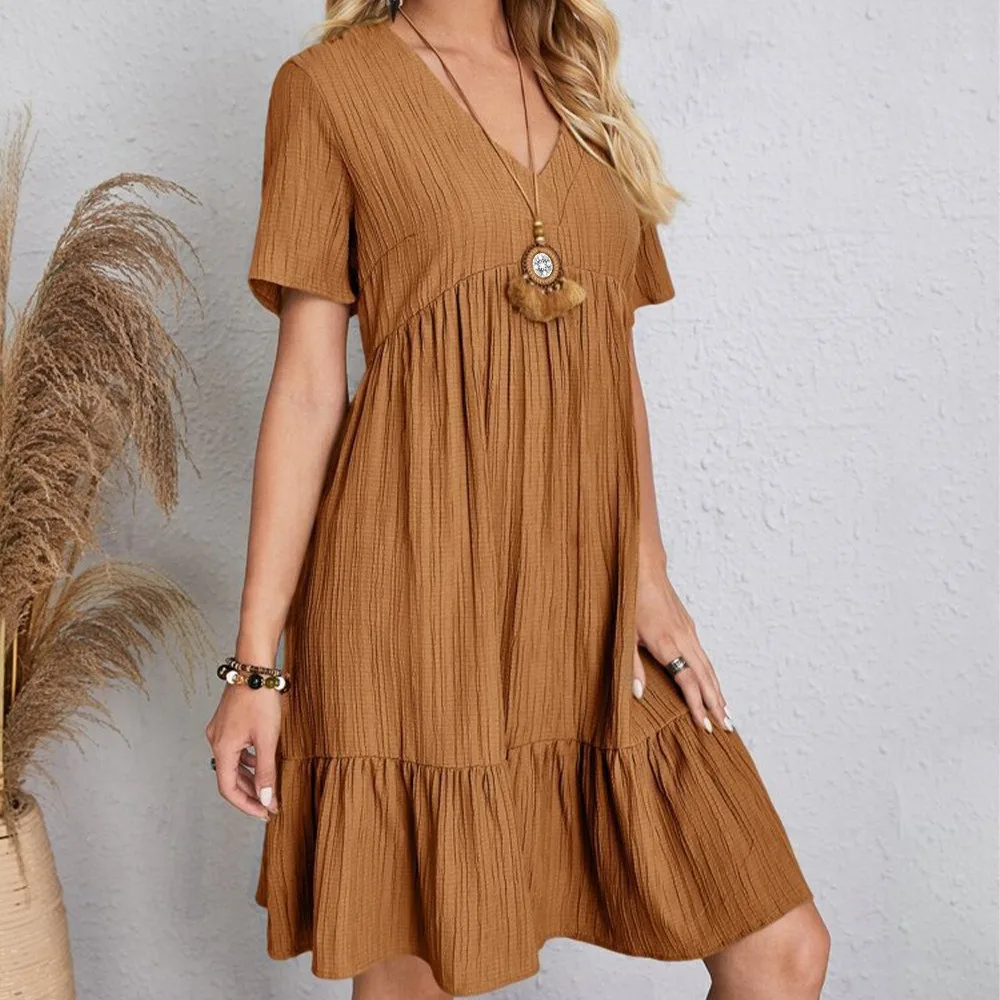 Women Summer Dresses Spring V-Neck Short Sleeve Loose Waist Ruffle Fit Flare Vocation Dresses