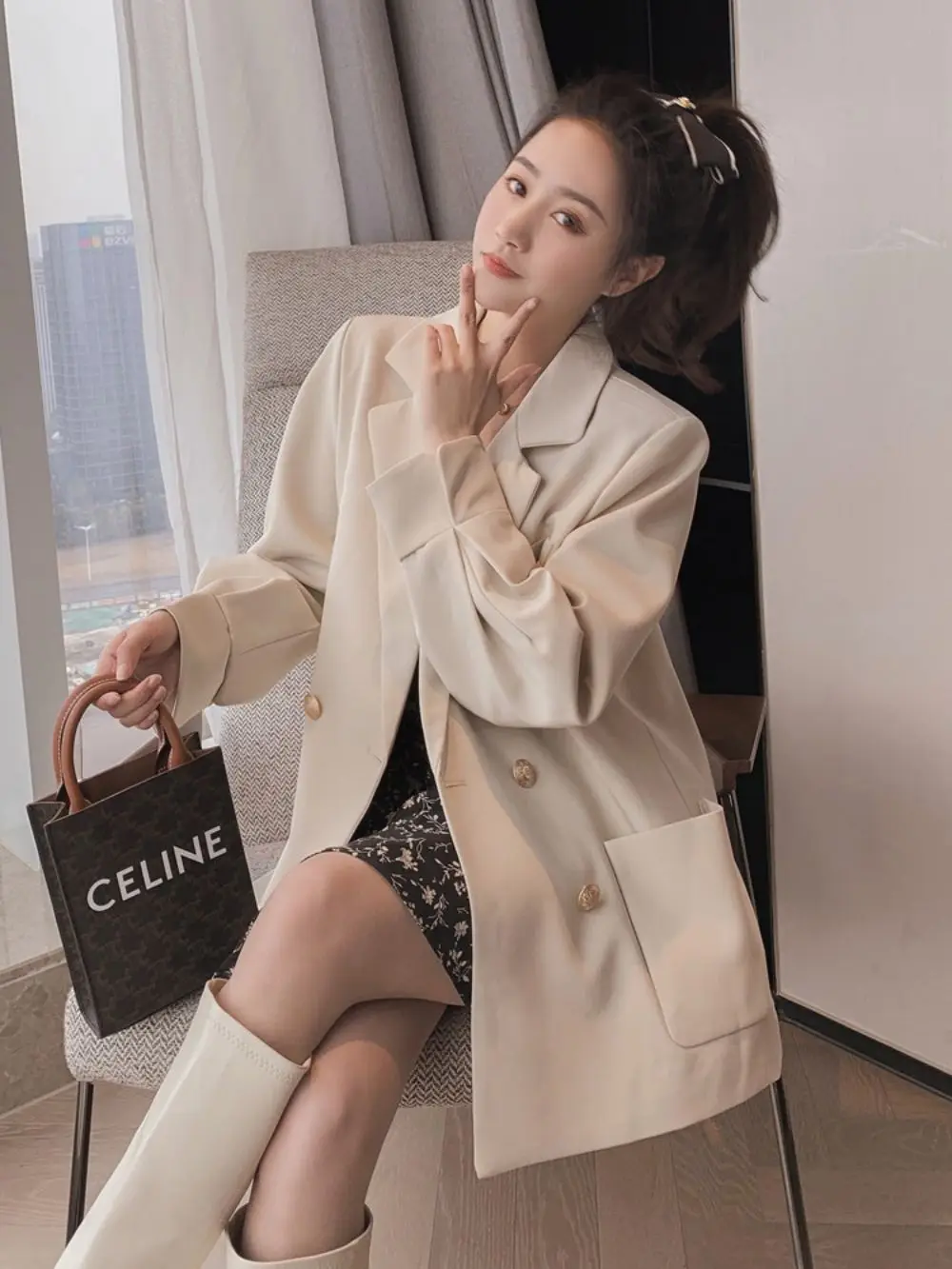 Beige Blazers Female Spring And Autumn Korean Temperament Retro Duble Breasted Loose Suit Jacket Fashion Casual Mid-Length Coat