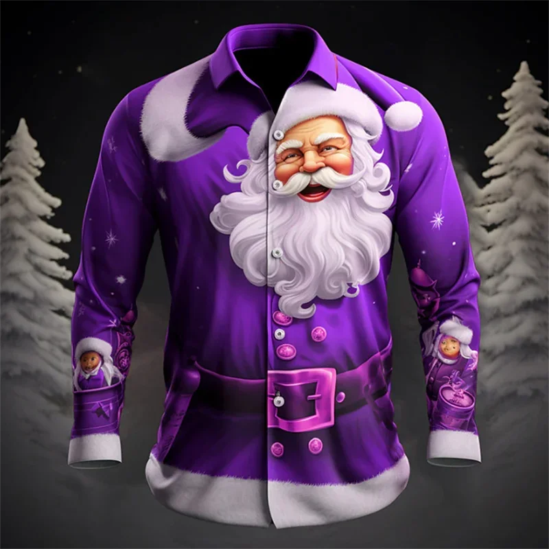 Camisa de Papá Noel con botones a la moda, nuevo estilo, patrón festivo rojo HD, Material elástico suave y cómodo, diseño de diseñador de talla grande 2024