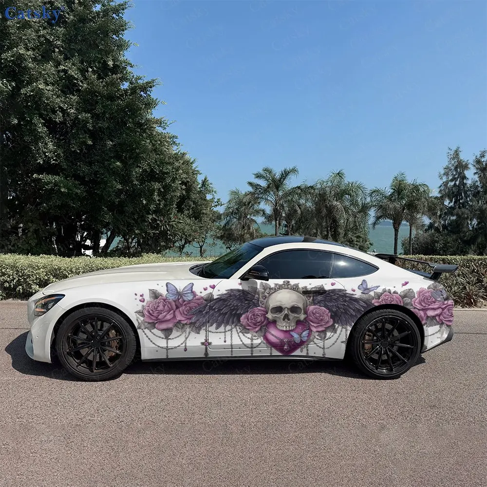 2pcs Feather Wing Rose Skull Car Side Wraps, Self-Adhesive PVC Waterproof & Scratch-Resistant Stickers, Car Accessory Gift