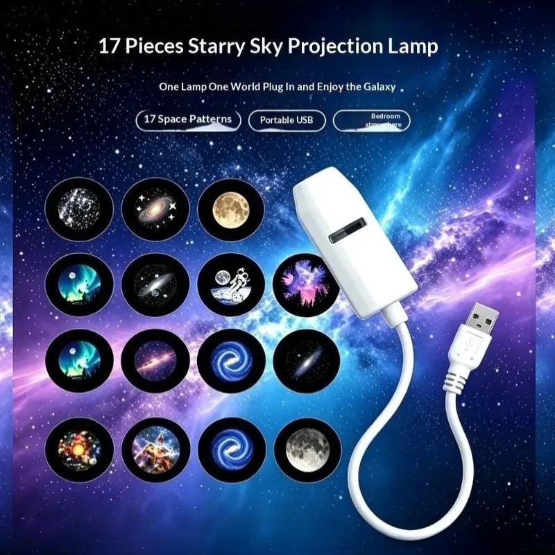USB Star Projector Night Light 17 Space Projection Effects Portable USB Powered for Kids Room Bedside Decor