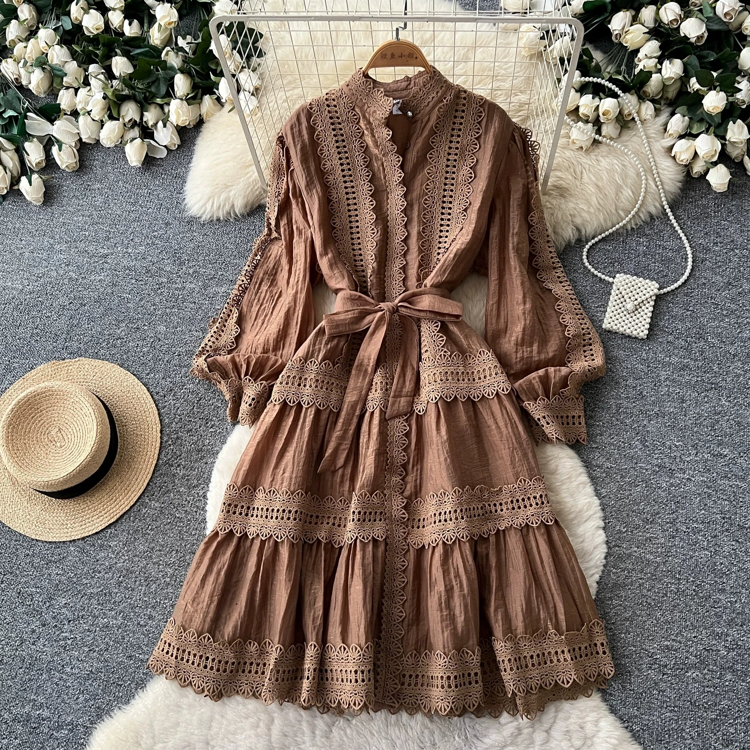 Vintage Hollow Crochet Lace Mini Dress Women Stand Collar Lantern Long Sleeve Self‑Tie Belt Tiered Ruffle Holiday Party Vestidos