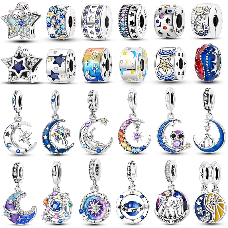 2025 رائجة البيع دلايات الخرزة 925 فضة مضاءة بالنجوم السماء القمر الشمس الأرض الكون سحر صالح الإسورة سوار قلادة DIY بها بنفسك مجوهرات #1
