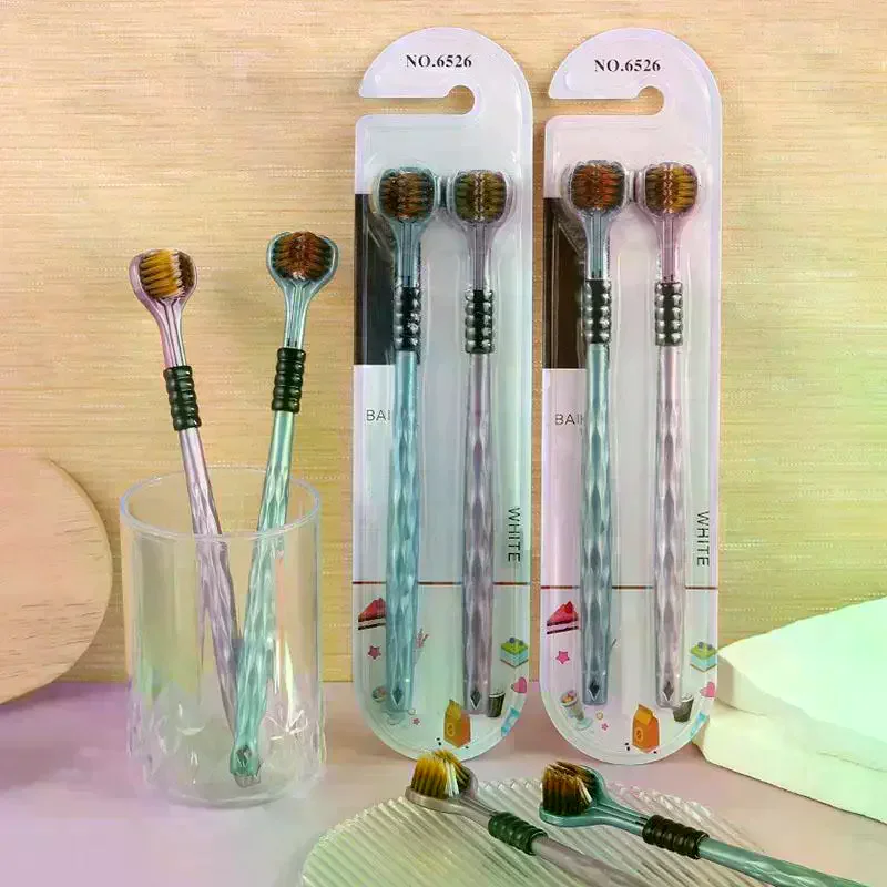 3D Stereo Three-Sided Toothbrush Ultra Fine Soft Hair Adult Toothbrushes Tongue Scraper Oral Care 360° Cleaning Teeth Brush 2pc