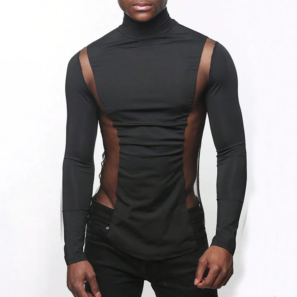 Mens Sexy Tight-Fitting Sports Fitness Mesh Long-Sleeved Tops Autumn Nightclubs Perspective Stitching Stretch Turtleneck Tops