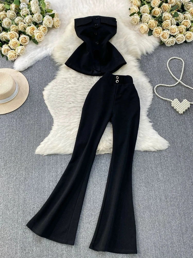 Set Premium Elegant Sexy Slit Bandeau With Padded Bustier High Waist Slimming Flare Pants Two Piece