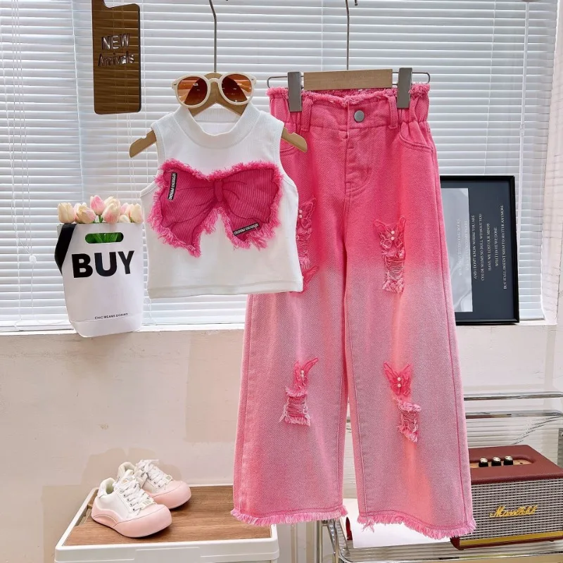 Girls' Summer Clothing Set 2025 Children's Sleeveless Perforated Jeans Two Piece Set Medium To Large Girls' Summer Fashion