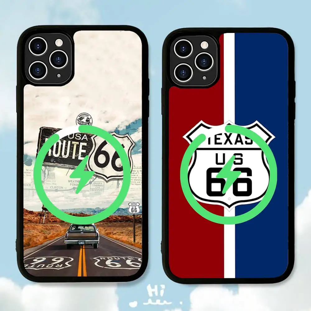 Funda Magnética para Teléfono con Diseño de la Ruta 66 de América, Compatible con Magsafe, para iPhone 17, 16 Pro Max, 15 Plus, 14, 13, 12, 11