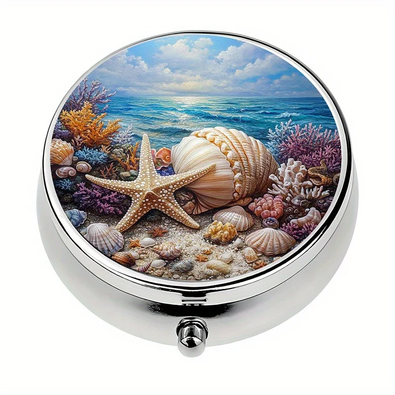 1 piece, 3-compartment pill box, decorated with shells and starfish, or a portable travel vitamin pill organizer for handbags, a decorative metal container for storing medication and vitamins