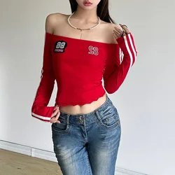 New Women's Solid Color Slim Fit Street Fashion One Collar Printed Long Sleeved Top