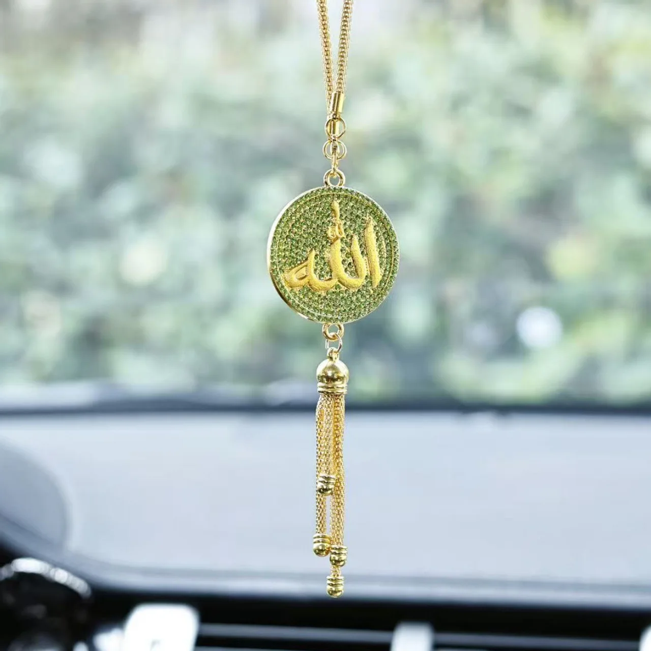 2pcs One Double-Sided Diamond-Set Islamic Scripture Car Ornament, Metal Tassel Car Pendant, High-End Model Design Car Ornament